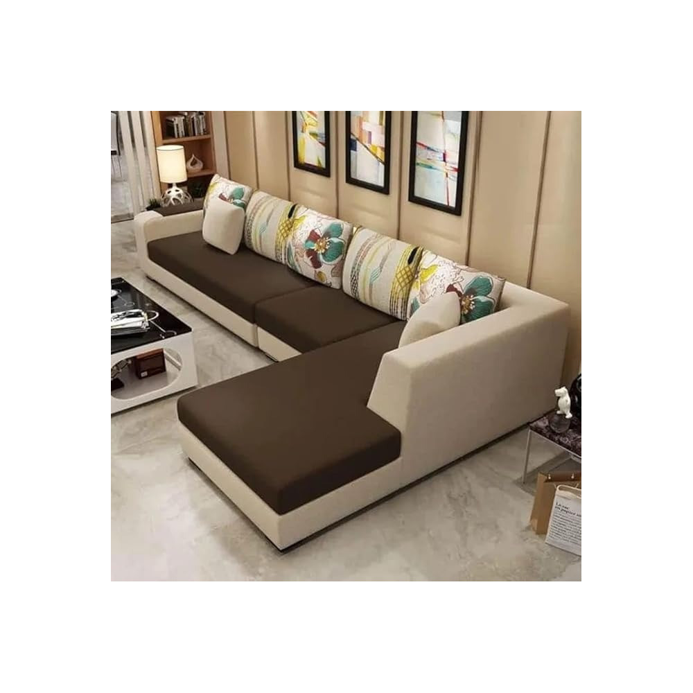 Raj Furniture 5 Seater Sofa For Living Room, Brown Cream Fabric