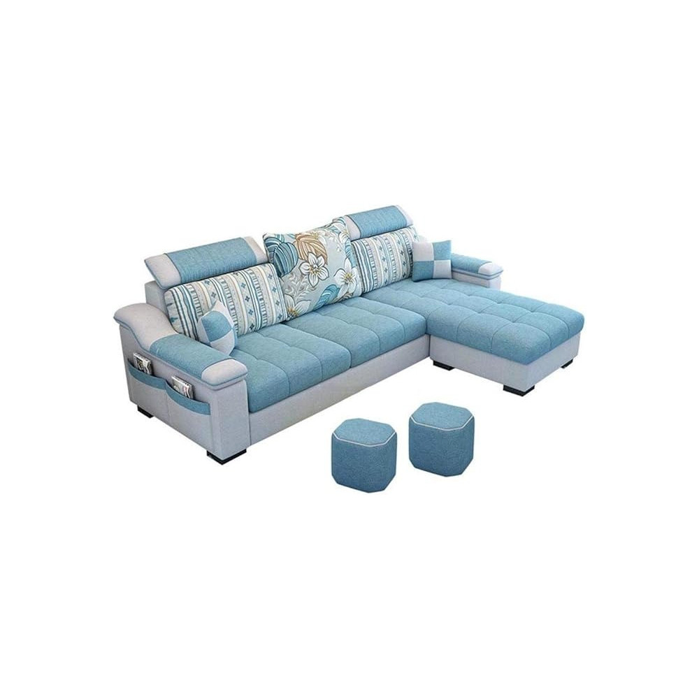 Raj Furniture L Shape Sofa 3 Seat Linen Living Room Sofa Set Home Furniture Modern Design Frame Soft Sponge Shape Home Furniture, Foot Ped Plus 2 Cloth Stool, Blue