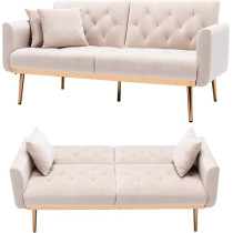 Tita-Dong Velvet Sofa Convertible Sleeper Sofa,Modern Tufted Sofa Bed With 2 Throw Pillow And Gold Plating Base 5 Leg, Adjustable Folding Accent Sofa Couch For Living Room, Beige