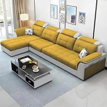 Raj Furniture Luxury L Shape Lhs Sofa For Living Room In Premium Fabric, Yellow Grey