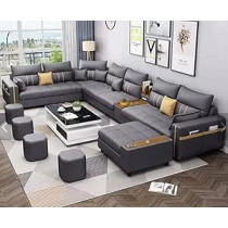 Raj Furniture Modern U Shaped Leather Living Room Sofa Set, Grey