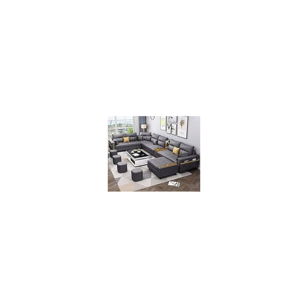 Raj Furniture Modern U Shaped Leather Living Room Sofa Set, Grey