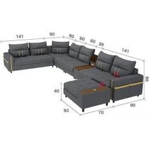 Raj Furniture Modern U Shaped Leather Living Room Sofa Set, Grey