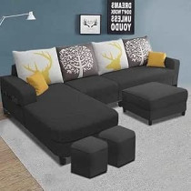 Raj Furniture 8 Seater Lhs Shape Sofa Set For Living Room, Black Fabric