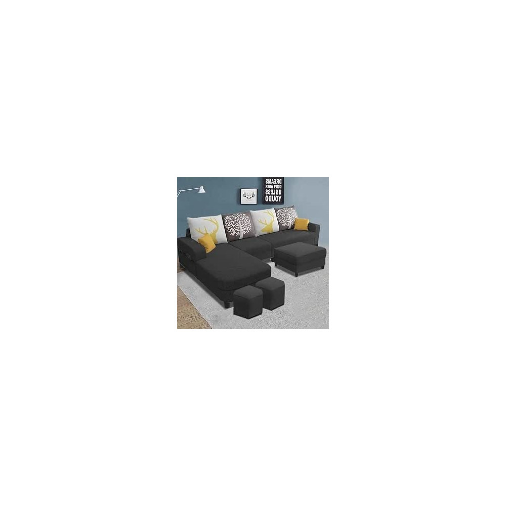 Raj Furniture 8 Seater Lhs Shape Sofa Set For Living Room, Black Fabric