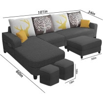 Raj Furniture 8 Seater Lhs Shape Sofa Set For Living Room, Black Fabric