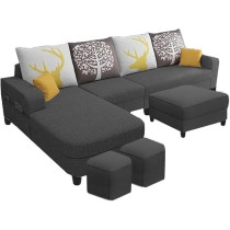 Raj Furniture 8 Seater Lhs Shape Sofa Set For Living Room, Black Fabric