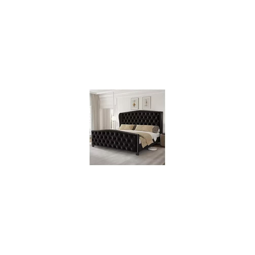 Ripple Furniture Queen Size Upholstered Bed Frame With Tufted Headboard And Footboard, Black
