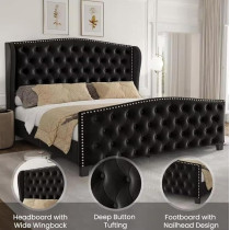 Ripple Furniture Queen Size Upholstered Bed Frame With Tufted Headboard And Footboard, Black