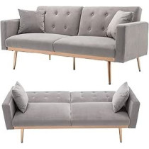 TITA-DONG Velvet Sofa Convertible Sleeper Sofa, Modern Tufted Sofa Bed With 2 Throw Pillow And Gold Plating Base 5 Leg, Adjustable Folding Accent Sofa Couch For Living Room, Grey