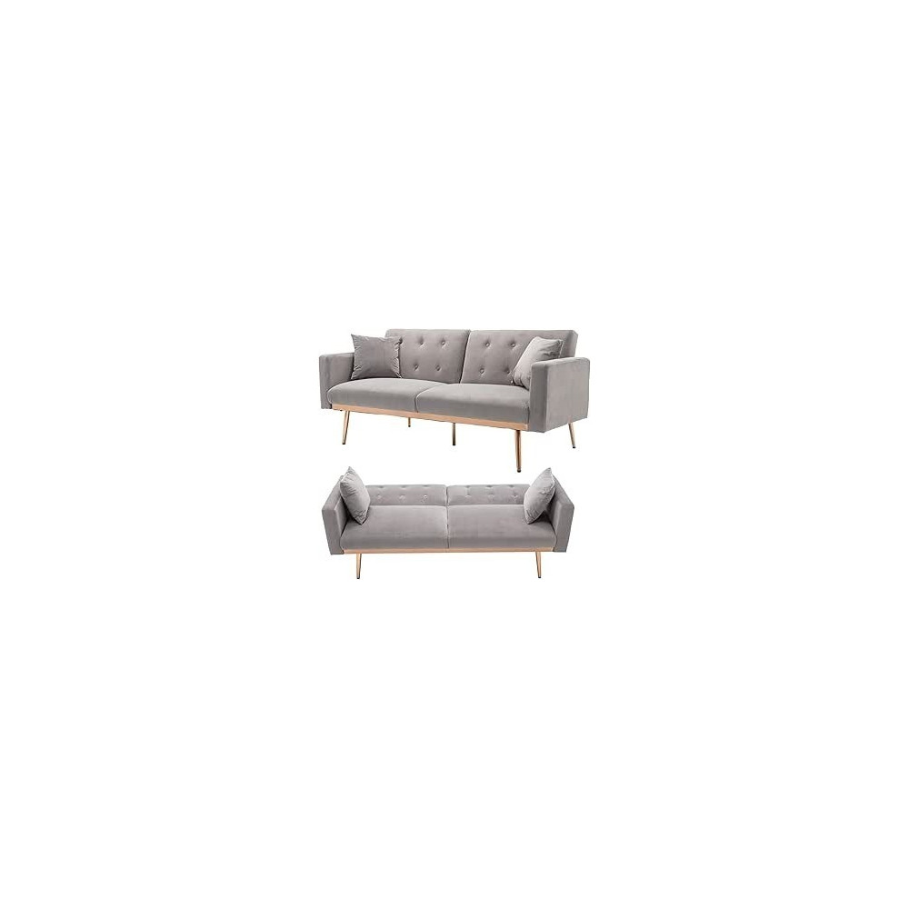 TITA-DONG Velvet Sofa Convertible Sleeper Sofa, Modern Tufted Sofa Bed With 2 Throw Pillow And Gold Plating Base 5 Leg, Adjustable Folding Accent Sofa Couch For Living Room, Grey
