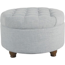 Homepop Home Decor Large Button Tufted Woven Round Ottoman With Storage For Living Room And Bedroom, Light Blue