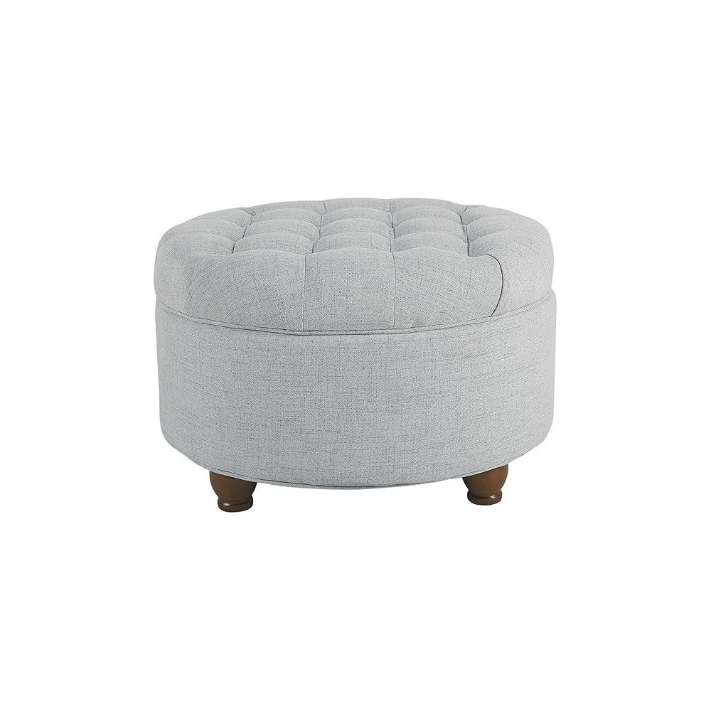 Homepop Home Decor Large Button Tufted Woven Round Ottoman With Storage For Living Room And Bedroom, Light Blue