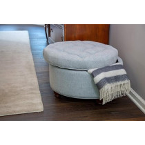 Homepop Home Decor Large Button Tufted Woven Round Ottoman With Storage For Living Room And Bedroom, Light Blue