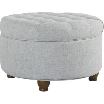 Homepop Home Decor Large Button Tufted Woven Round Ottoman With Storage For Living Room And Bedroom, Light Blue