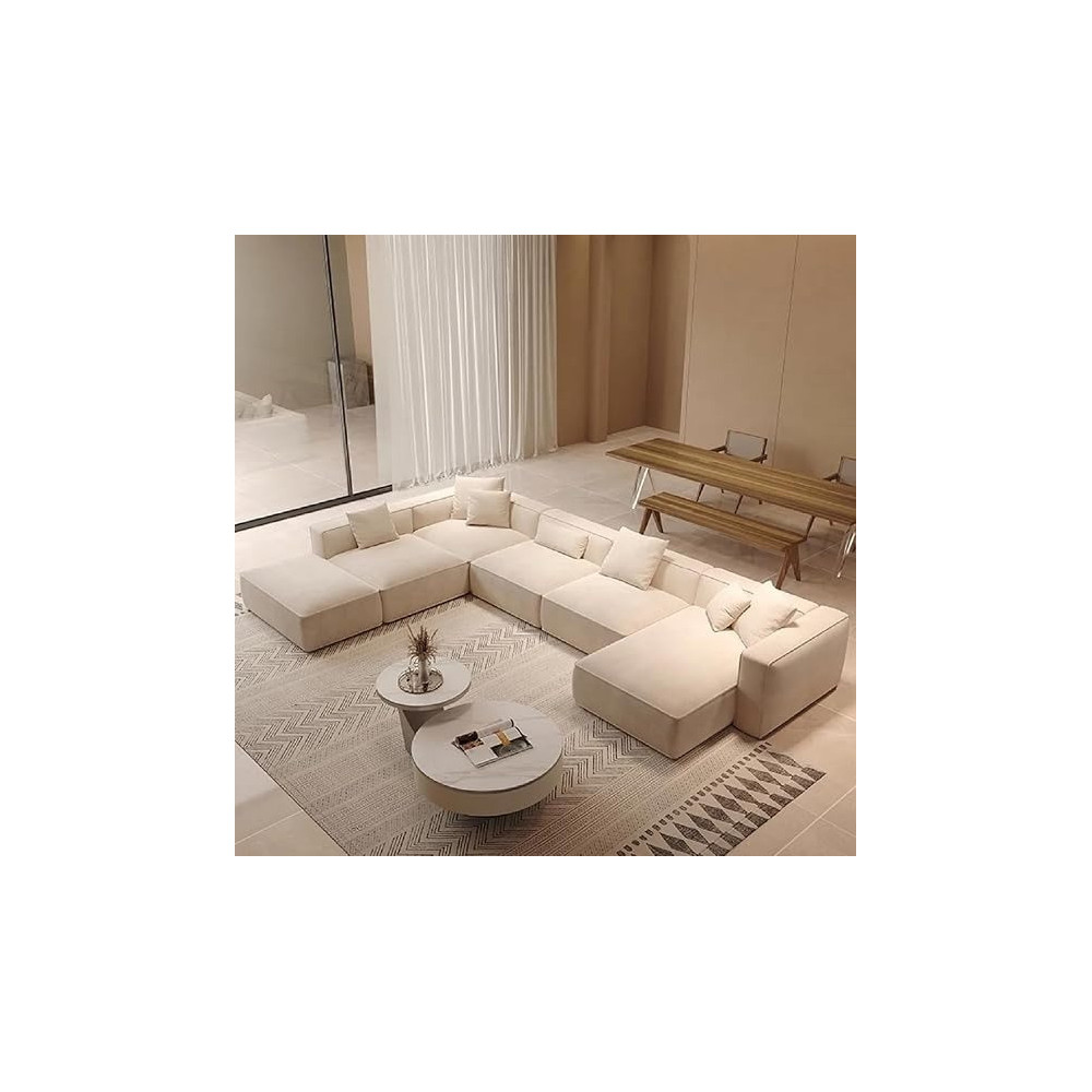 Raj Furniture Luxury Living Room Sofa Set With Ottoman, Square Sectional Couches, Large Rectangular Chaise Lounge Chair, Beige, Left