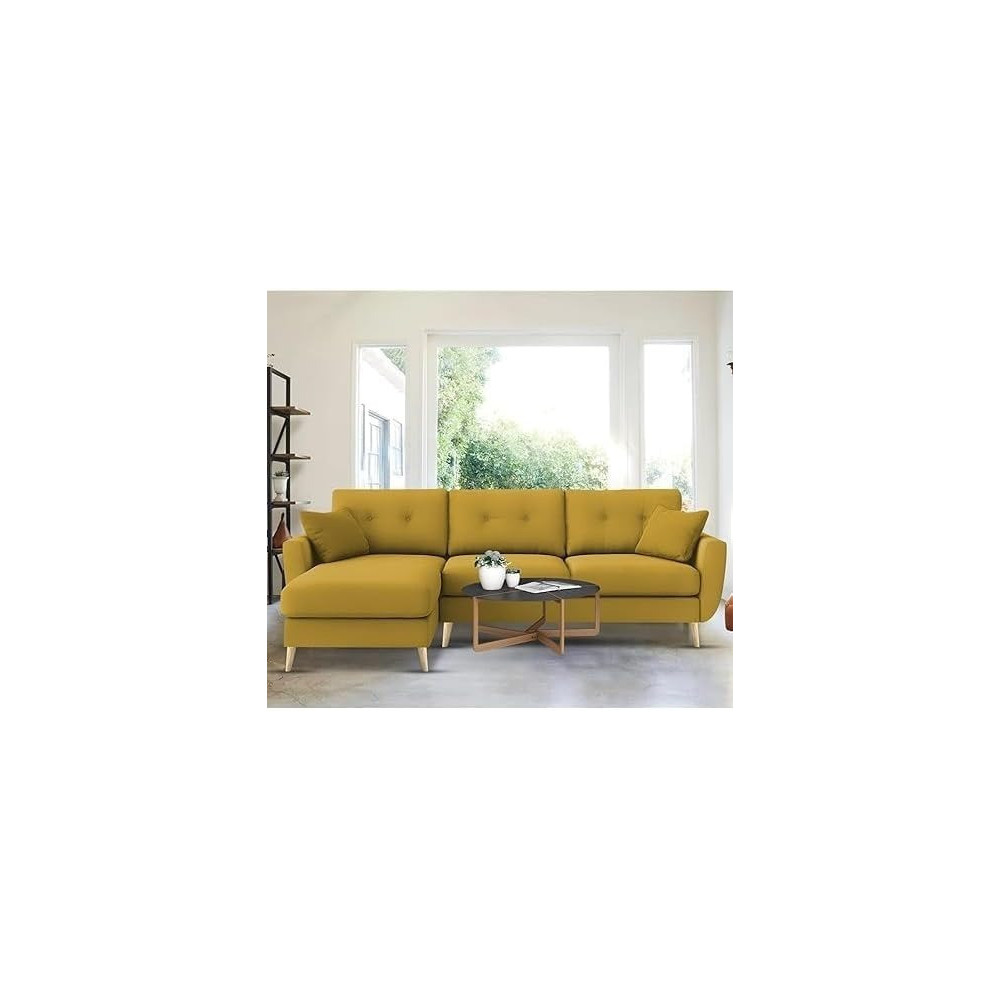 Raj Furniture Royal Azure Elegance 4 Seater L-Shaped Living Room Sofa In Plush Velvet Fabric, LHS, Yellow Fabric
