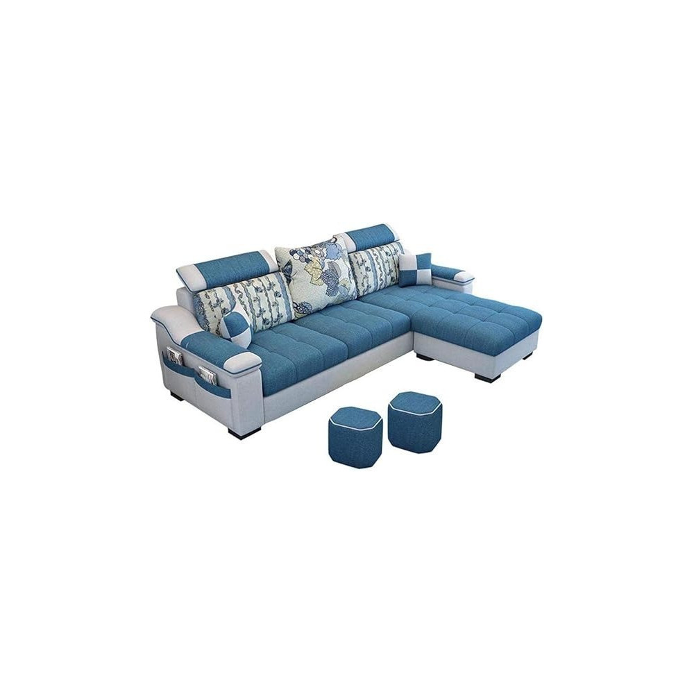 Raj Furniture Deep Sleep L Shape 3 Seat Linen Living Room Sofa Set Foot Ped Plus 2 Cloth Stool, Blue