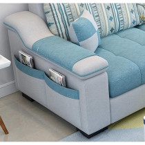 Raj Furniture Deep Sleep L Shape 3 Seat Linen Living Room Sofa Set Foot Ped Plus 2 Cloth Stool, Blue