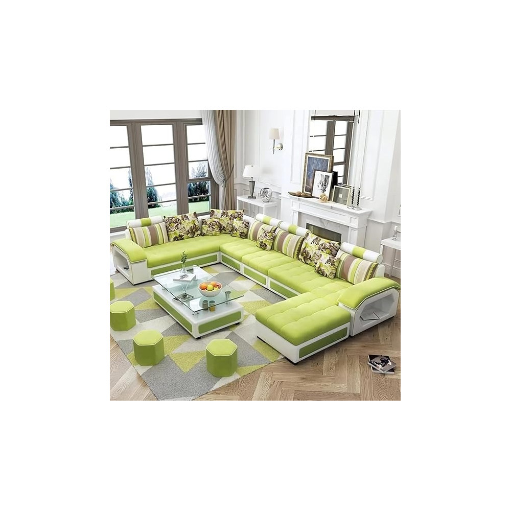Ripple Furniture U Shape 9 Seater Modern Interchangeable Fabric Sofa Set With 4 Puffy, Left, Green And White
