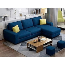 Raj Furniture Wooden L Shape RHS Sofa With 2 Puffy, Blue Fabric