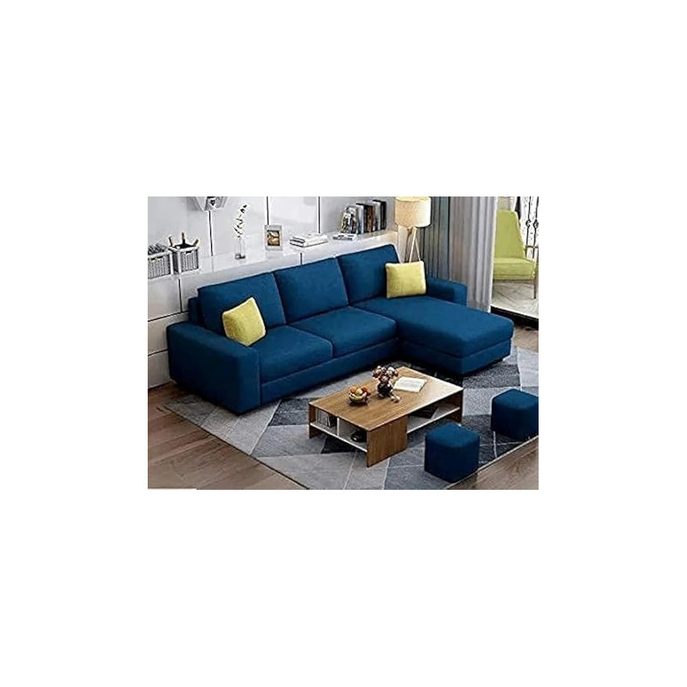 Raj Furniture Wooden L Shape RHS Sofa With 2 Puffy, Blue Fabric