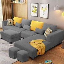 Raj Furniture 8 Seater L Shape Sofa Set With 2 Puffy For Living Room, Dark Grey Fabric