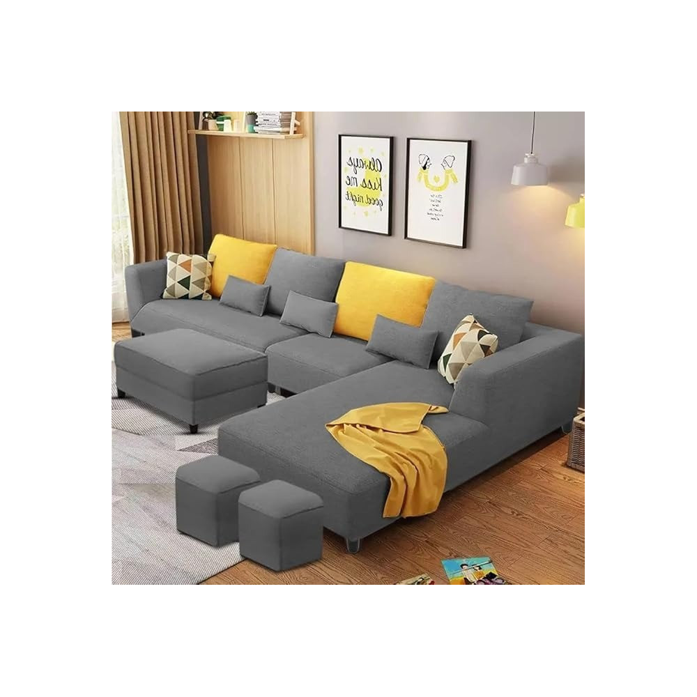 Raj Furniture 8 Seater L Shape Sofa Set With 2 Puffy For Living Room, Dark Grey Fabric