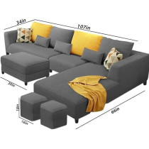 Raj Furniture 8 Seater L Shape Sofa Set With 2 Puffy For Living Room, Dark Grey Fabric