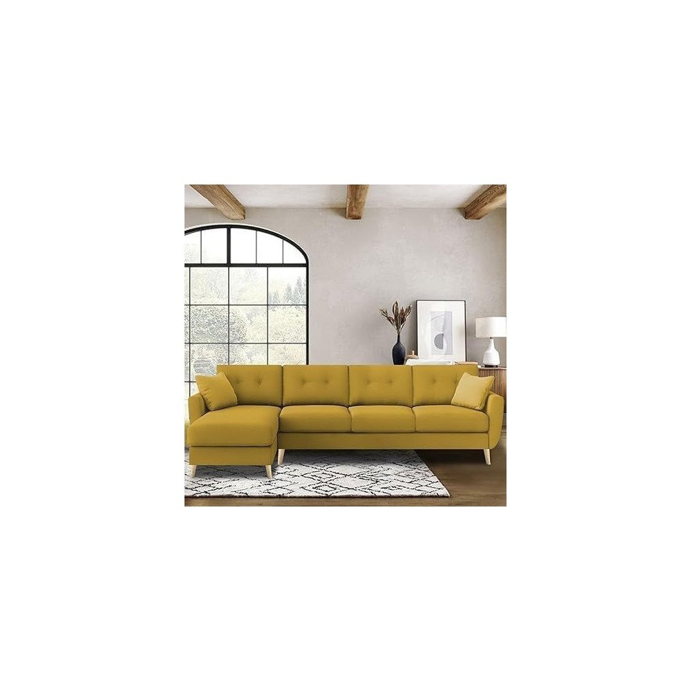 Raj Furniture L-Shaped Sofa Set, 6 Seater, Lhs With Premium Velvet Upholstery, Yellow Fabric