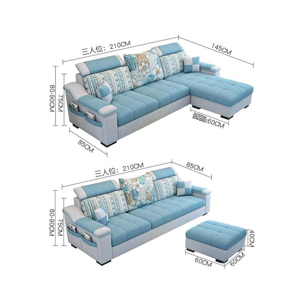 Raj Furniture L Shape Sofa 3 Seat Linen Living Room Sofa Set Home Furniture Modern Design Frame Soft Sponge Shape Home Furniture Foot Ped And 2 Cloth Stool, E