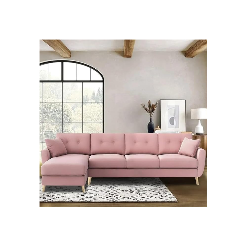 Raj Furniture Luxury 6 Seater L Shape Sofa Set For Living Room In Premium Fabric, Lhs, Pink