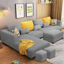 Raj Furniture 8 Seater L Shape Sofa Set With 2 Puffy For Living Room, Grey