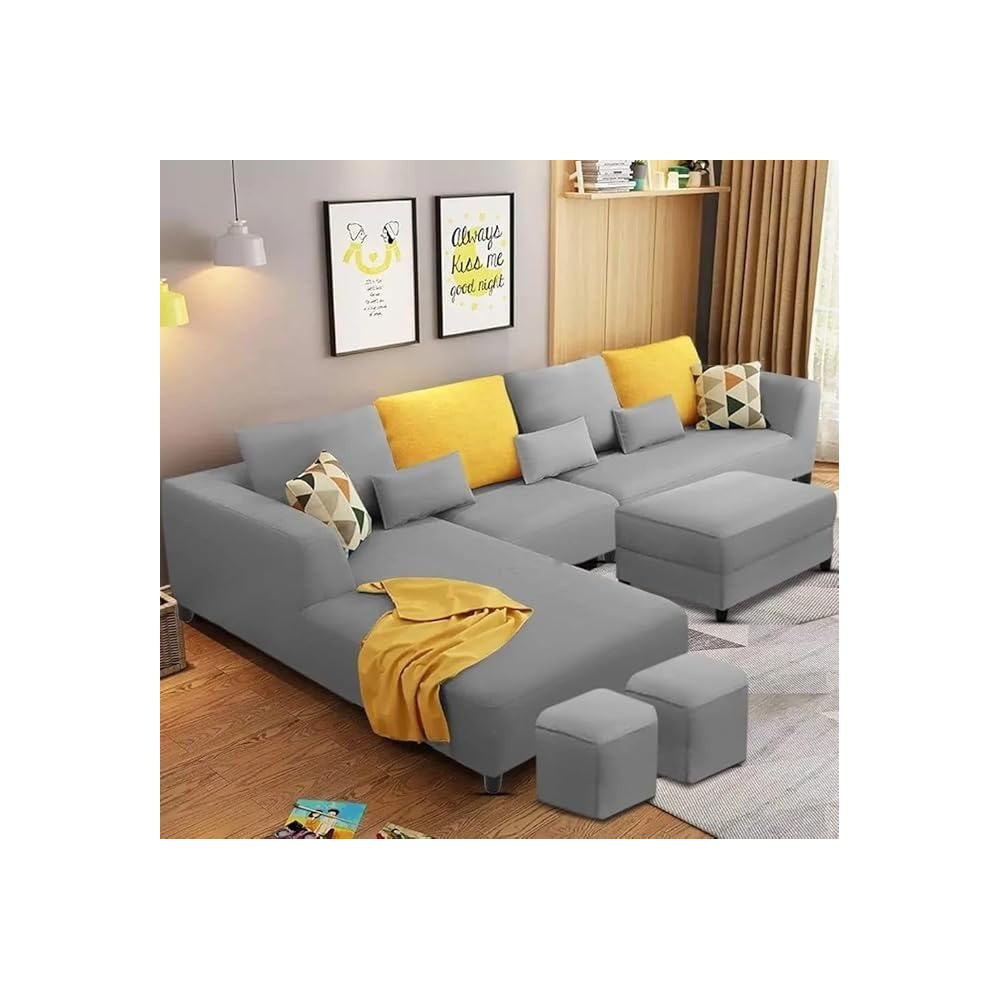 Raj Furniture 8 Seater L Shape Sofa Set With 2 Puffy For Living Room, Grey