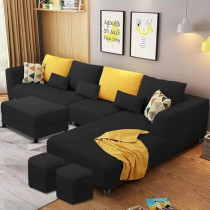 Raj Furniture 8 Seater L Shape Sofa Set For Living Room With 2 Puffy, Black Fabric