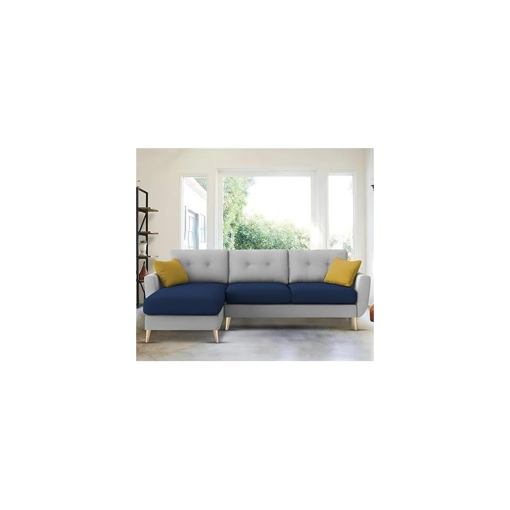 Raj Furniture 4 Seater L-Shaped Living Room Sofa In Plush Velvet Fabric, Lhs, Blue/Grey Fabric