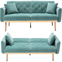 Raj Furniture Velvet Sofa Convertible Sleeper Sofa, Modern Tufted Sofa Bed With 2 Throw Pillow And Gold Plating Base 5 Leg, Adjustable Folding Accent Sofa Couch For Living Room, Light Blue