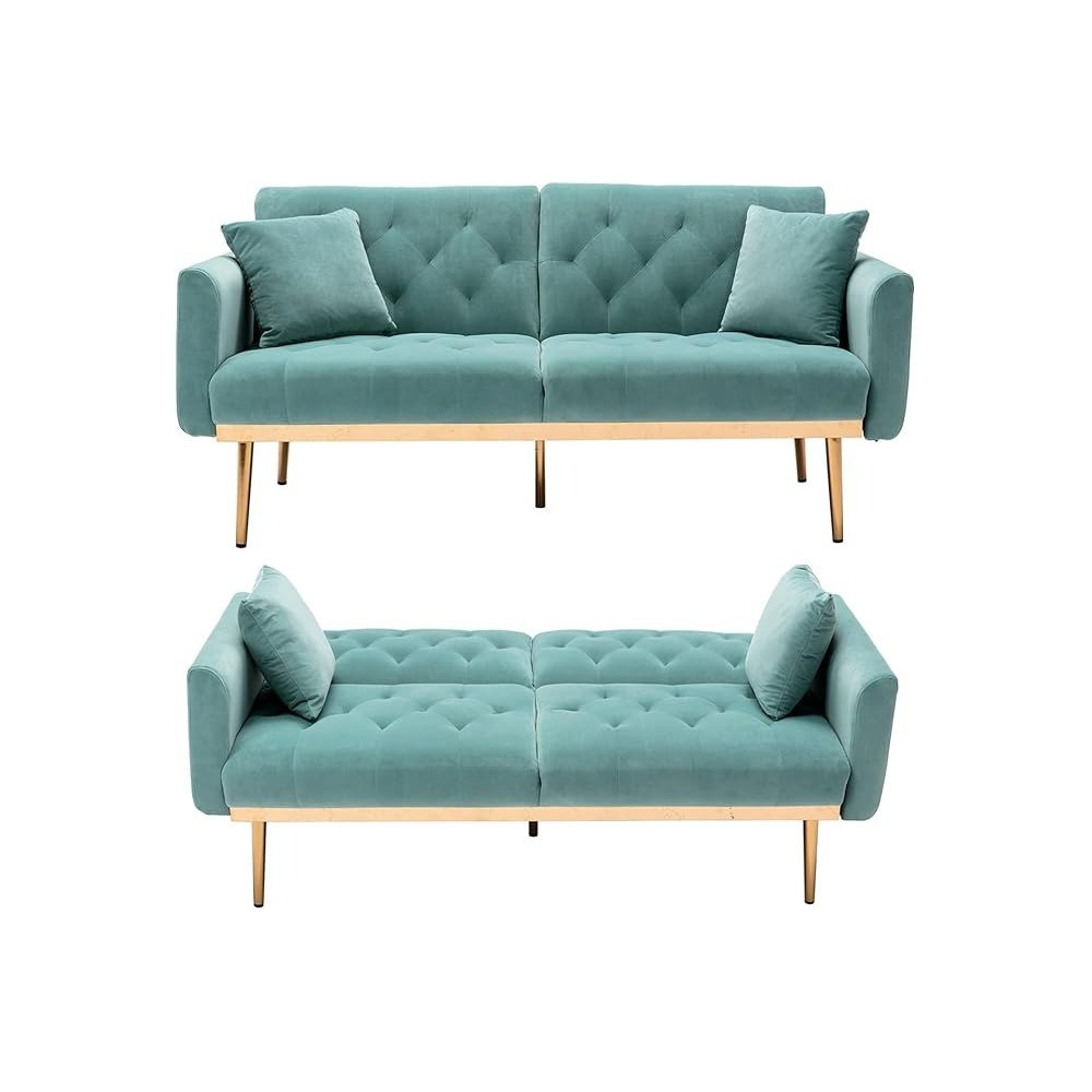 Raj Furniture Velvet Sofa Convertible Sleeper Sofa, Modern Tufted Sofa Bed With 2 Throw Pillow And Gold Plating Base 5 Leg, Adjustable Folding Accent Sofa Couch For Living Room, Light Blue