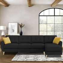 Raj Furniture L-Shaped Rhs Sofa Set 6 Seater With Premium Velvet Upholstery, Black