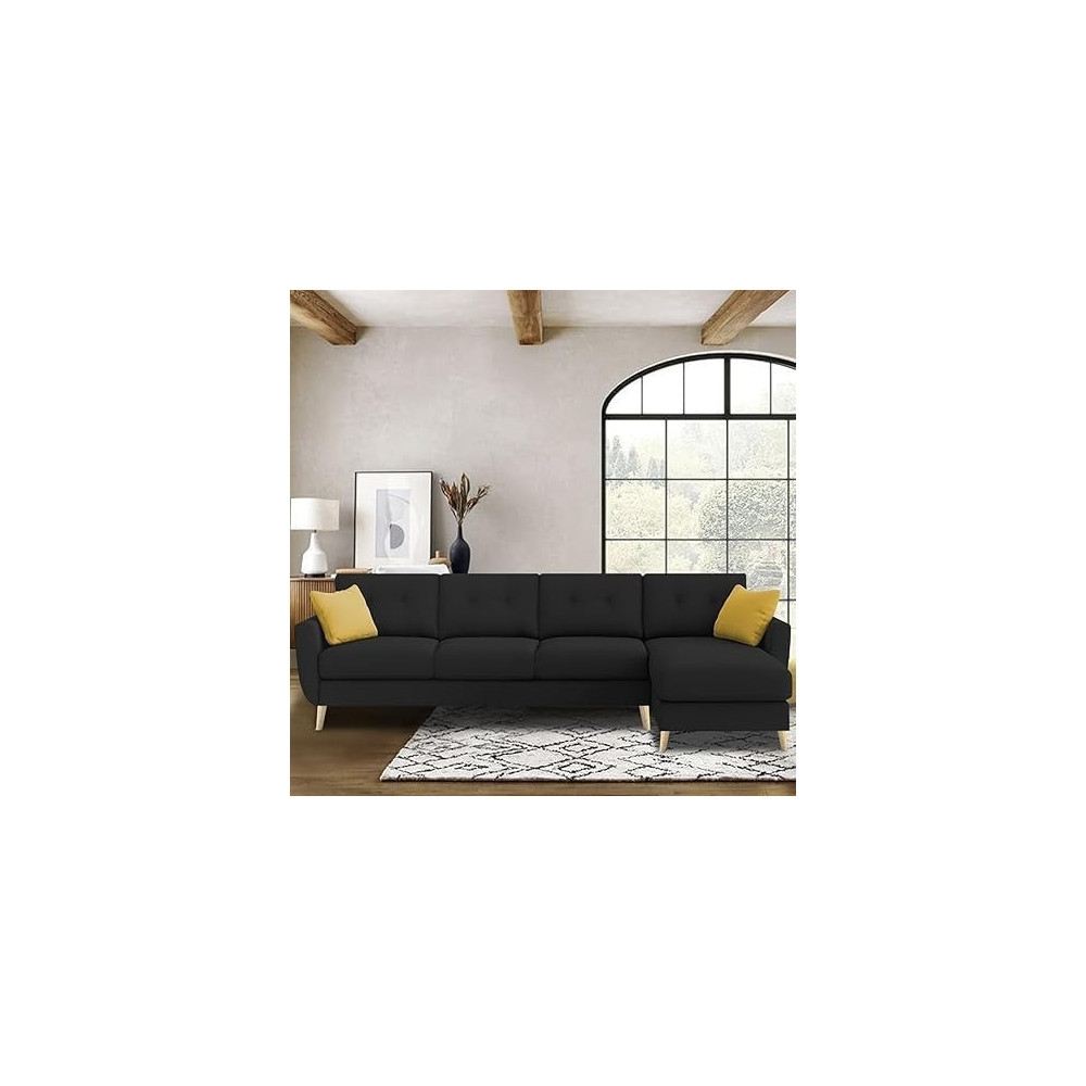 Raj Furniture L-Shaped Rhs Sofa Set 6 Seater With Premium Velvet Upholstery, Black
