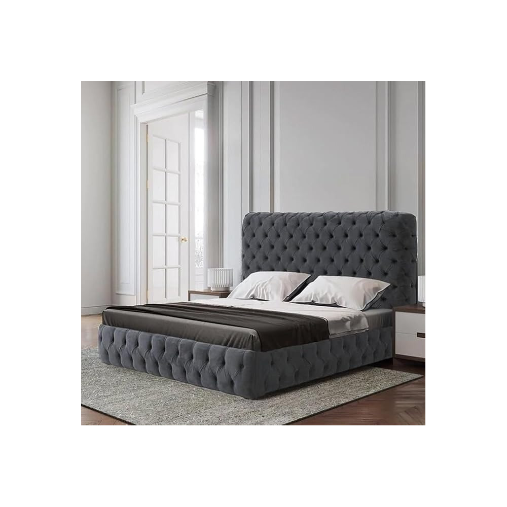 Raj Furniture Velvet Upholstered Queen And King Size Bed 0 X 130 Cm, Grey