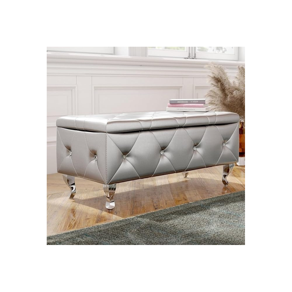 Raj Furniture Faux Leather Flip Top Storage Bench, 45 X 50 X 100 Cm, Silver