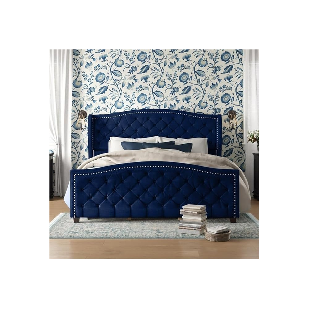 Raj Furniture Tufted Upholstered Contemporary Bed, 45 X 50 X 100 Cm, Navy Blue