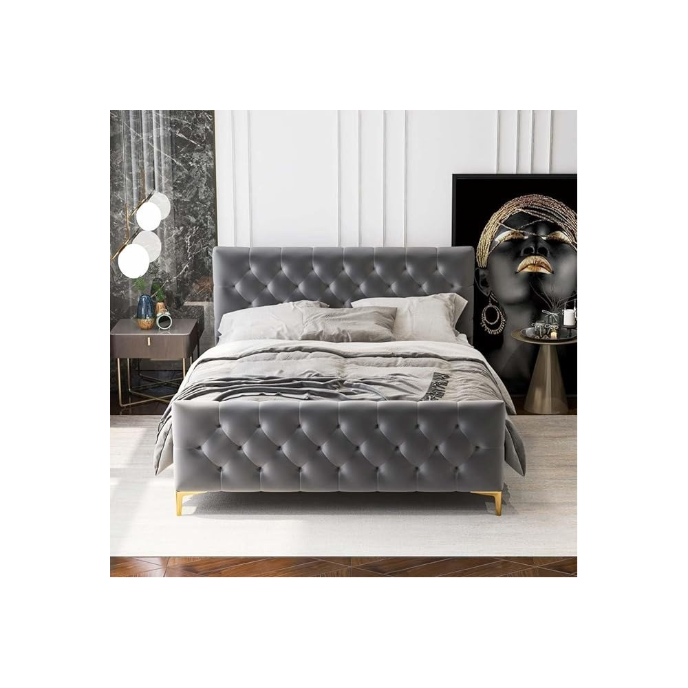 Raj Furniture Tufted Velvet Upholstery Bed, 45 X 50 X 100 Cm, Grey