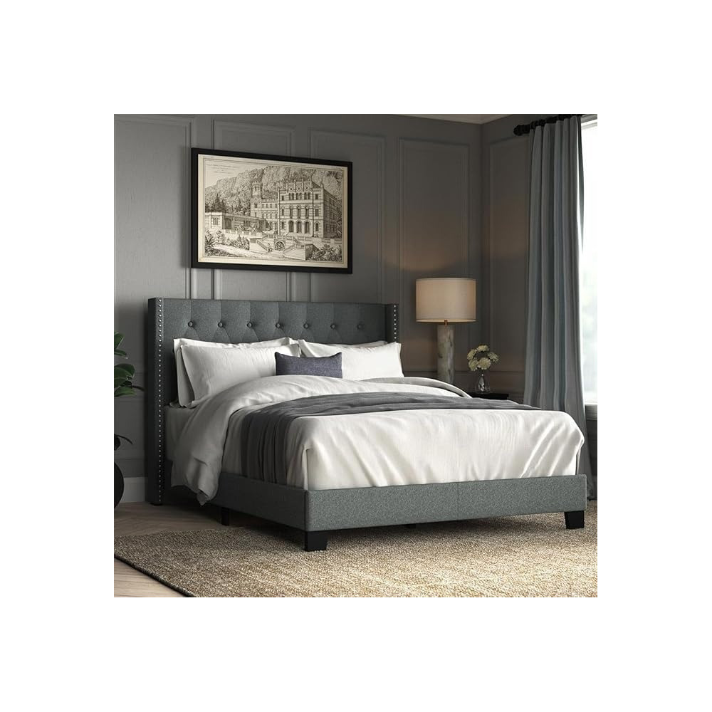 Raj Furniture Tufted Upholstered Low Profile Nail Head Bed, 45 X 50 X 100 Cm, Grey