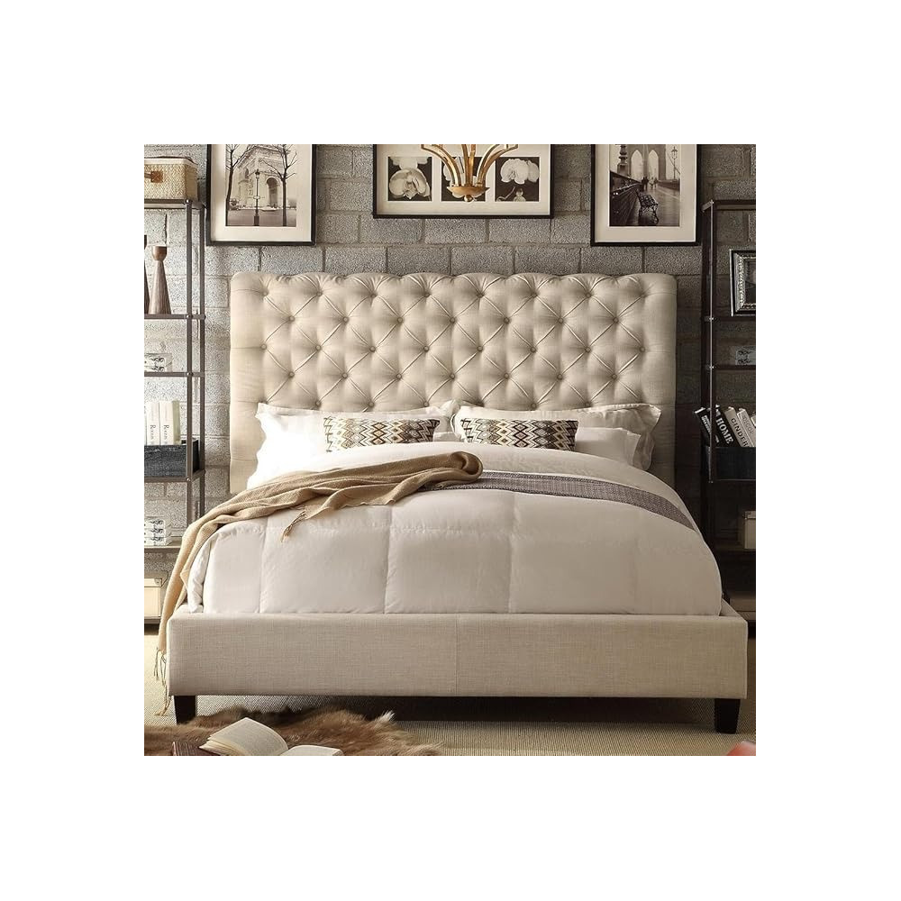 Raj Furniture Tufted Upholstered Low Profile Standard Bed, 45 X 50 X 100 Cm, Cream