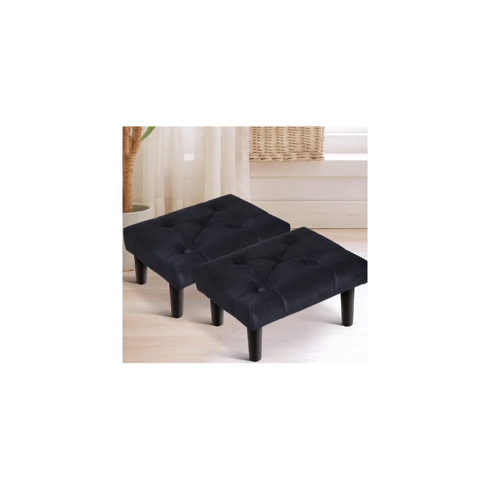 Raj Furniture Small Footstool Ottoman, Velvet Soft Footrest Ottoman With Wood Legs, Sofa Footrest Extra Seating For Living Room Entryway Office, Black