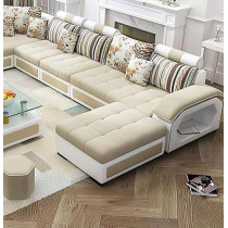 Ripple Furniture U Shape 9 Seater Modern Interchangeable Fabric Sofa Set With 4 Puffy, Right, Beige/White