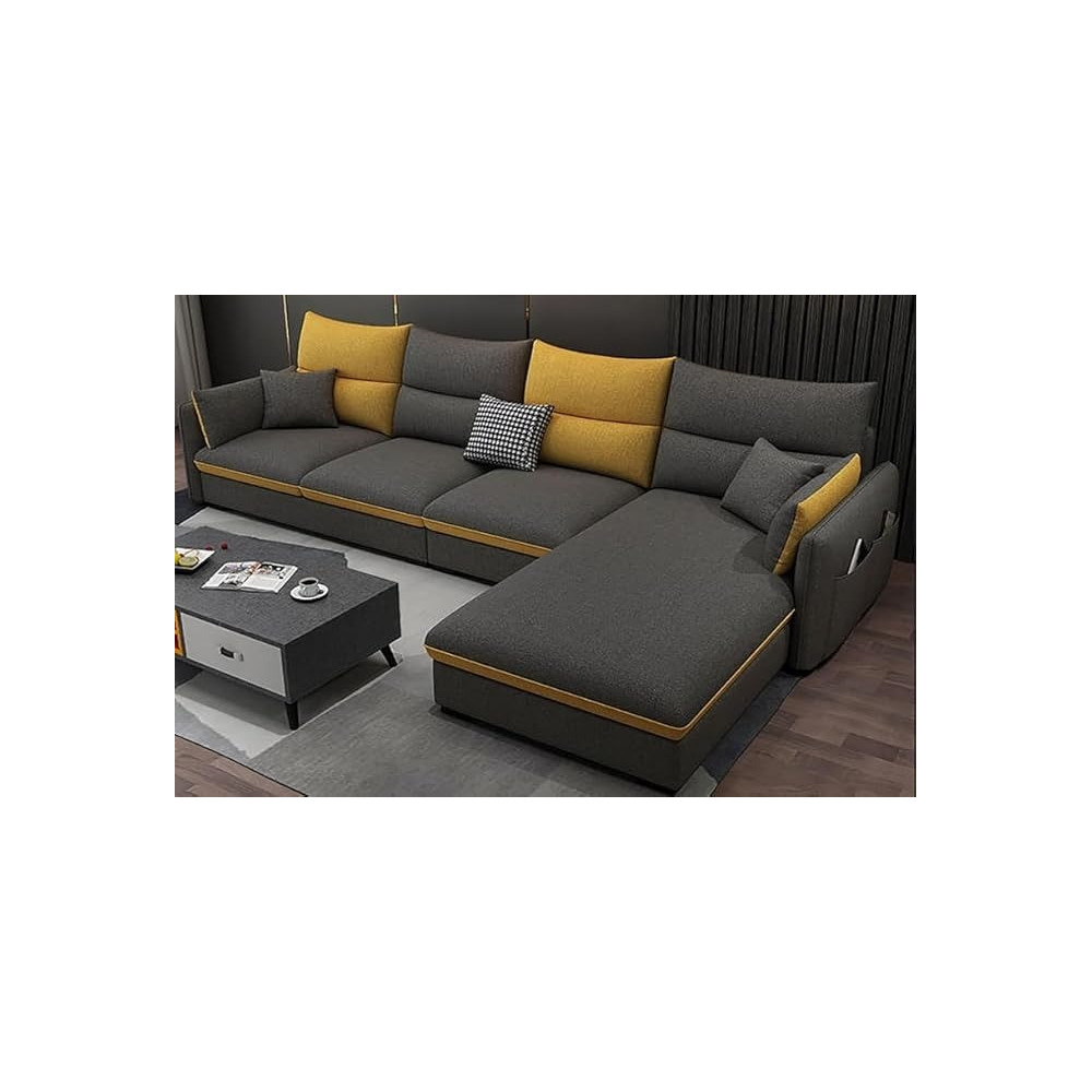 Ripple Furniture Living Room Sectional Sofa Set With Chaise Lounge Chair And Ottoman, Yellow/Grey