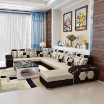 Raj Furniture Silvester U Shape 9 Seater Modern Interchangeable Fabric Sofa Set With 4 Puffy, Right, Cream And Dark Brown